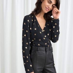 & Other Stories Paris Atelier Black Wrap Top with Metallic Leaf Size 10